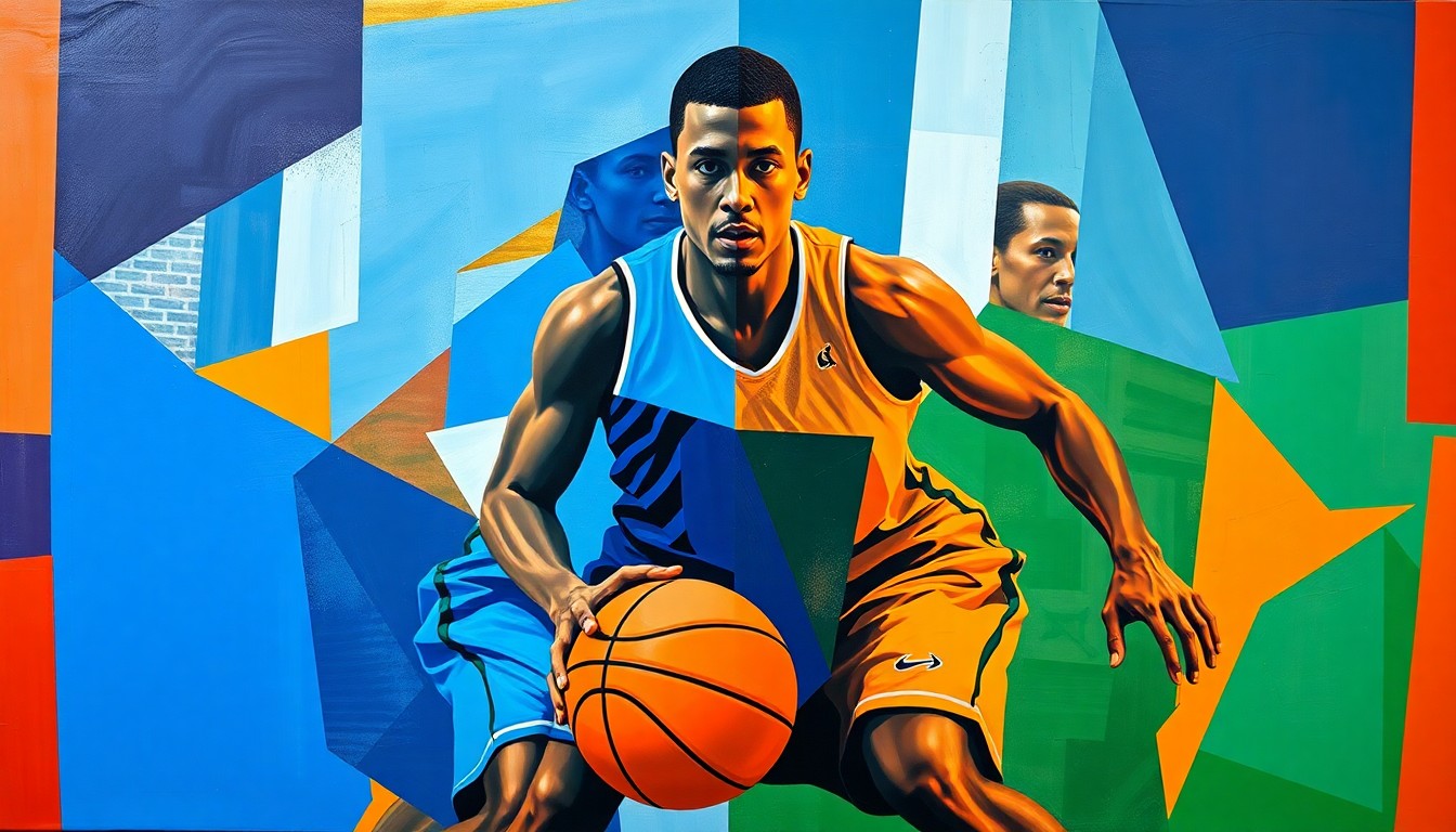 A cubist, geometric painting depicting the fractured, multi-perspective action of a college basketball game, with the players' bodies and the ball deconstructed into abstract shapes and planes of vibrant blue, orange, and green.