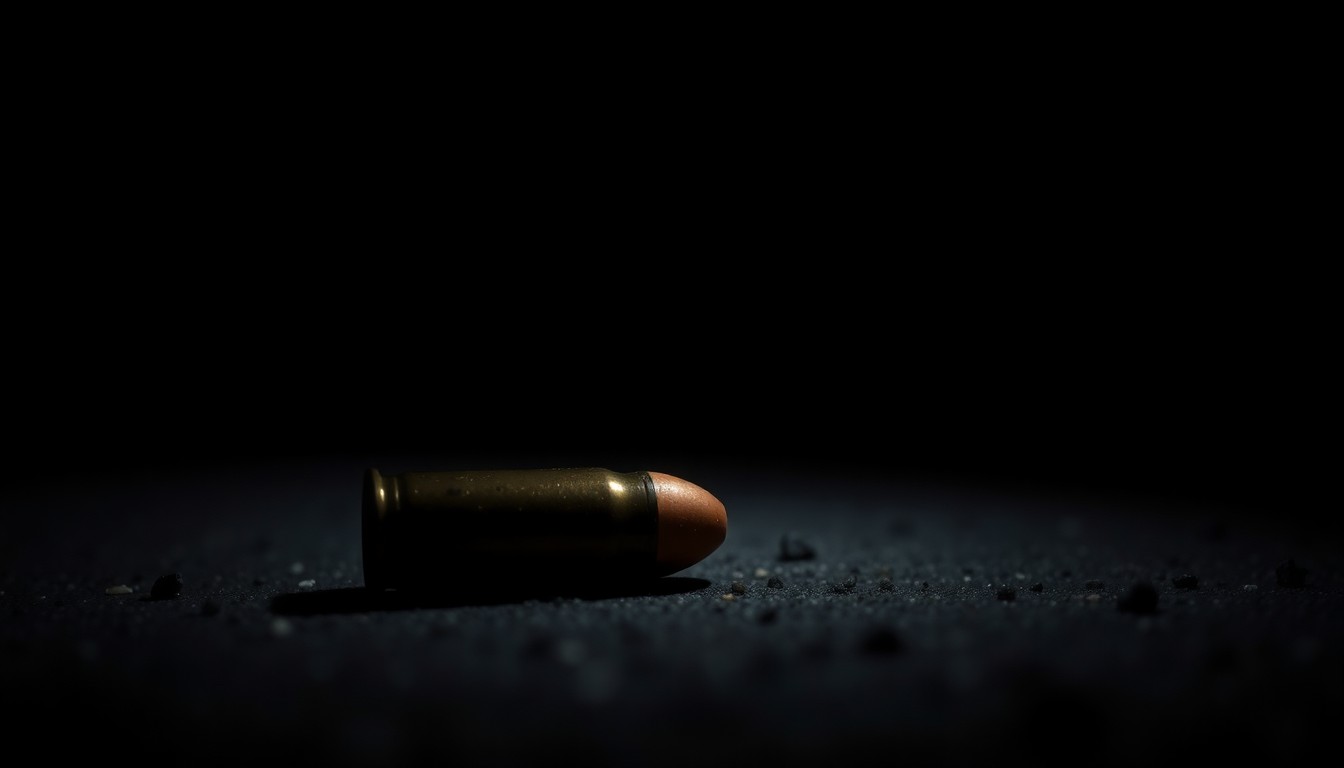 An extreme close-up photograph of a single spent bullet casing on the ground, lit by a harsh, direct camera flash against a pitch-black background, conveying a stark, gritty, investigative aesthetic.
