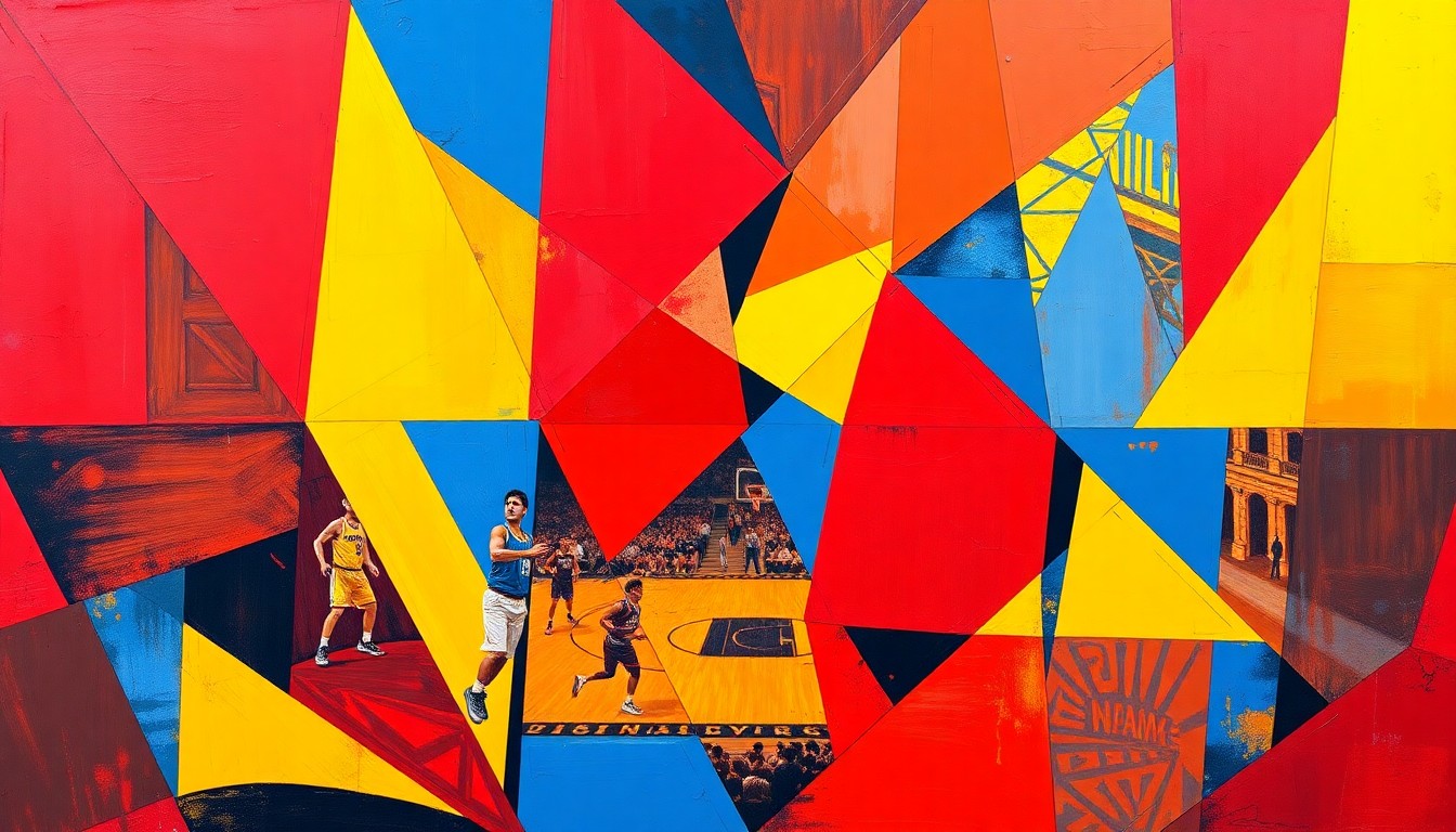 A cubist, geometric painting depicting a fragmented WNBA basketball game, with overlapping planes of red, blue, and yellow, conceptually representing the transition of a franchise from one city to another.