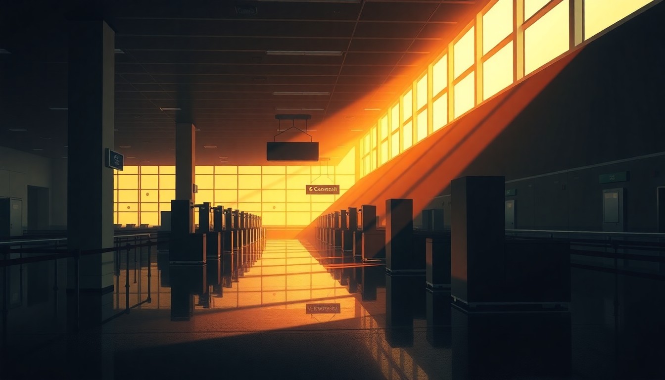 A photorealistic painting of an empty airport security checkpoint, with warm light streaming in through the windows and deep shadows casting across the floor and walls, conveying a sense of solitude and unease.