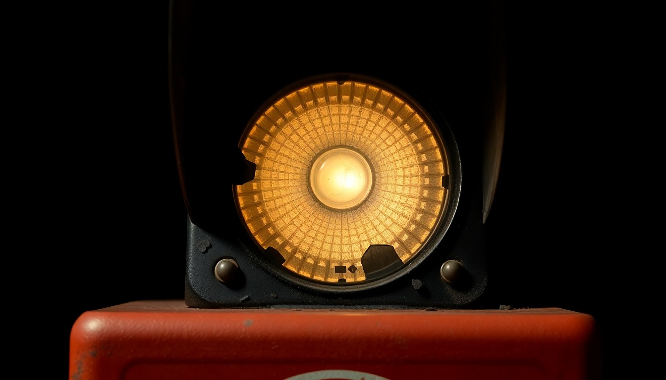 An extreme close-up photograph of a damaged train signal light or sensor, its surface heavily textured and reflecting a faint red glow against a pitch-black background, conceptually illustrating the aftermath of a pedestrian-train collision.