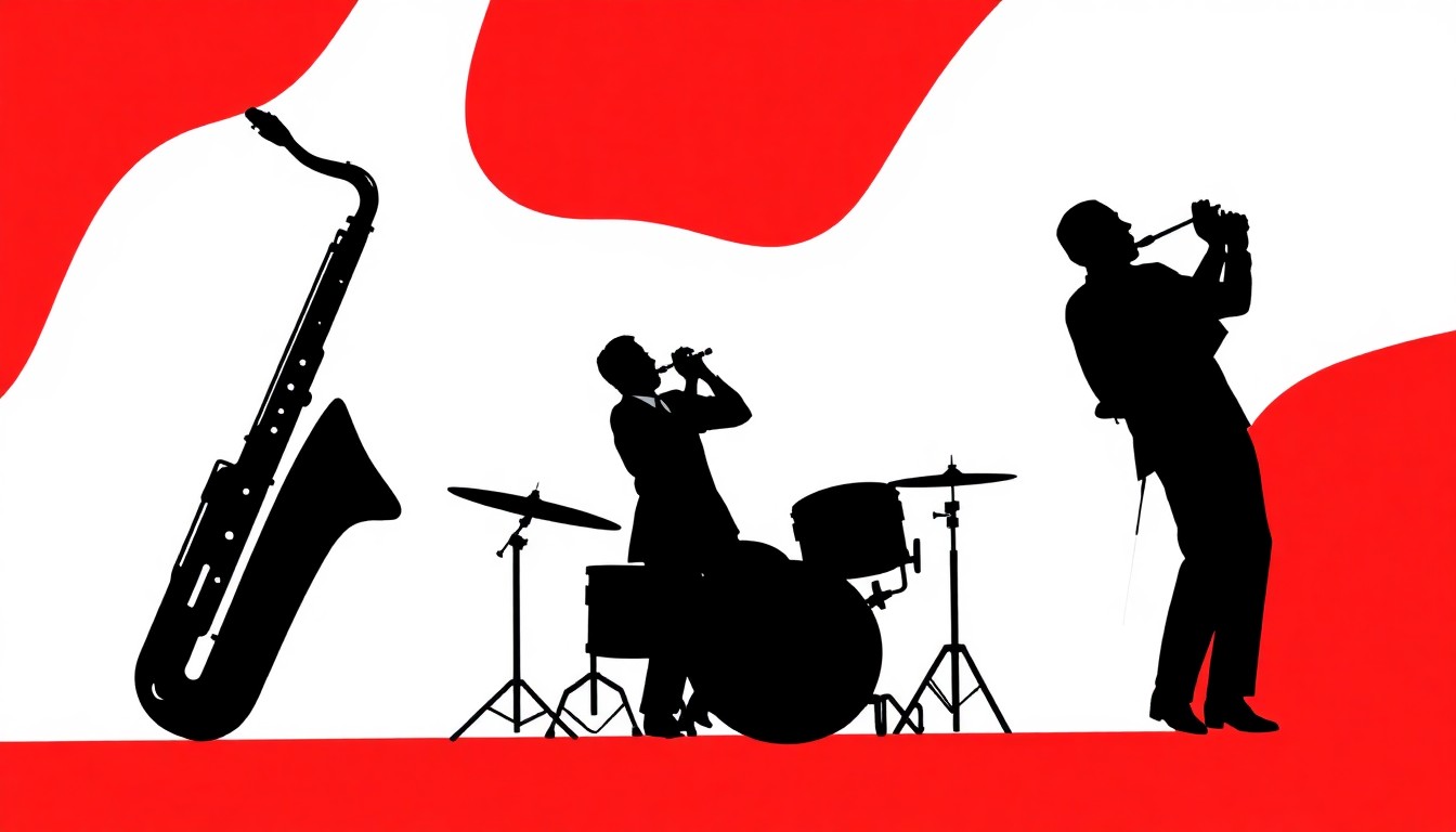 An abstract, minimalist illustration featuring sharp, angular black silhouettes of jazz instruments like saxophones and trumpets set against a high-contrast background of solid red and white colors, conveying the energy and artistry of the upcoming free concert.