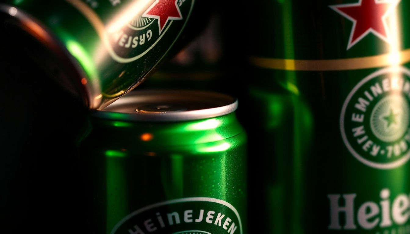 An extreme close-up of interlocking Heineken beer cans with The Clinker smartbands, the metal and plastic textures glittering under dramatic studio lighting to create a glamorous, high-fashion aesthetic that conceptually represents the new technology's ability to facilitate social connections at music festivals.