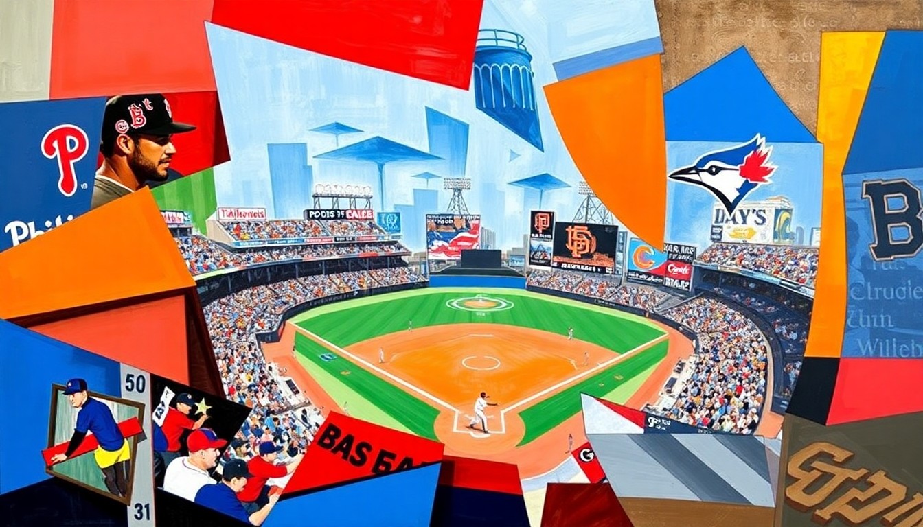 A fragmented, geometric painting depicting a baseball game broken down into overlapping planes of color, capturing the dynamic energy and unpredictability of home run-hitting in the sport.
