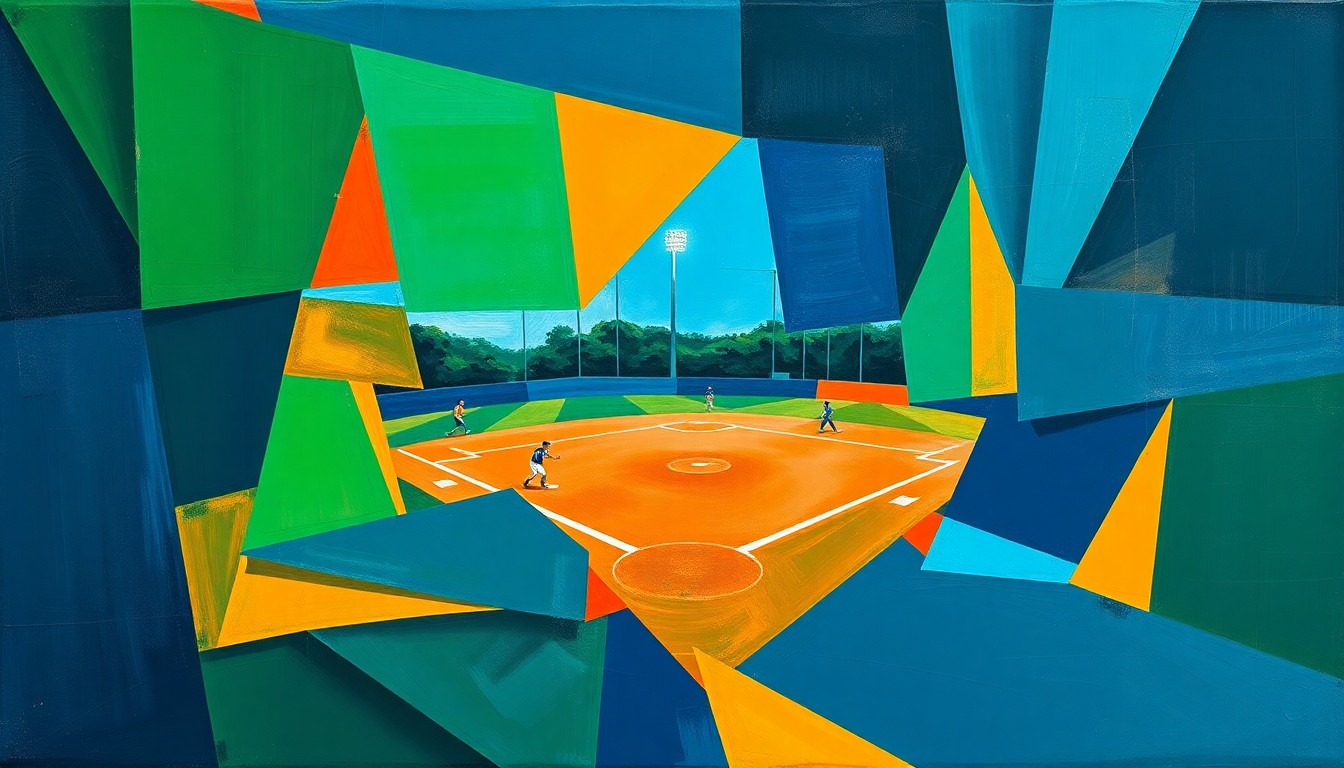 A cubist-style painting featuring overlapping geometric shapes and planes in shades of navy, green, and orange, conceptually representing the competitive action of a college softball game.