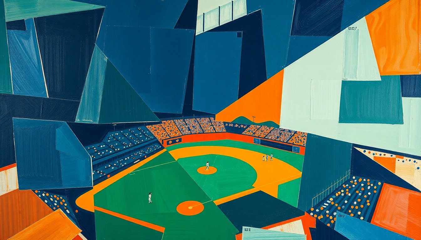 A vibrant, abstract painting featuring overlapping angular shapes and planes in shades of blue, green, and orange, conceptually representing the action and intensity of a college baseball game.