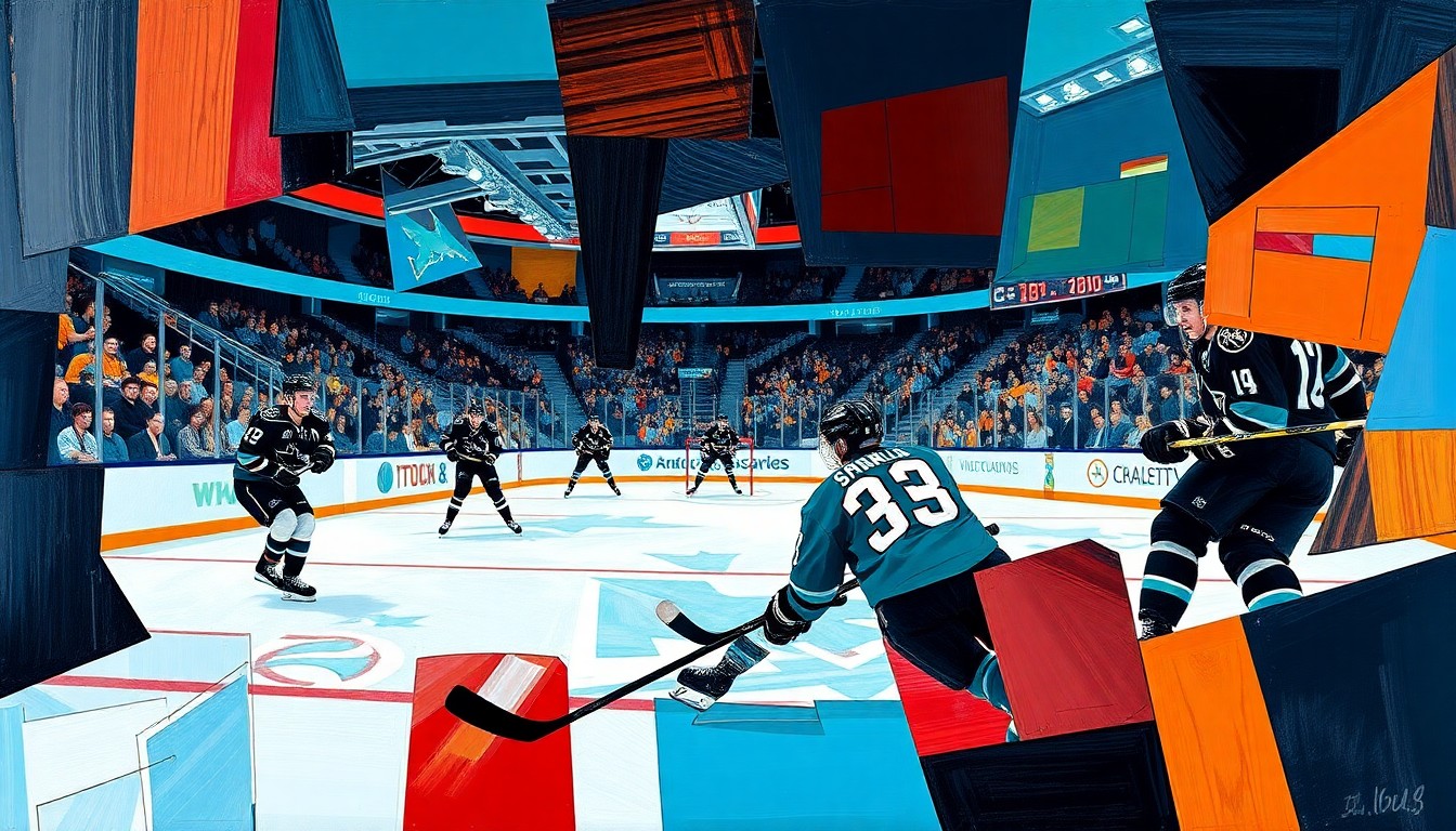 A cubist, geometric painting depicting a hockey player in motion, with the player's form broken down into sharp, overlapping shapes in shades of teal, black, and white, capturing the dynamic energy of the sport.