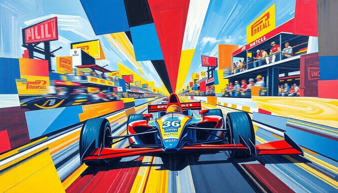 A fragmented, geometric painting in bold primary colors depicts the dynamic motion and action of an INDYCAR race, with overlapping planes and shapes representing the cars, drivers, and the racetrack.