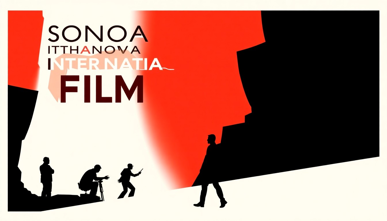 A striking, abstract composition of jagged, geometric shapes in bold red and white, conceptually representing the diverse and innovative programming of the Sonoma International Film Festival.