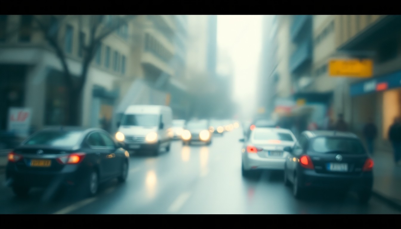 An abstract, out-of-focus scene of a city street with blurred cars and pedestrians, conveying the atmospheric mood and disruption caused by a temporary road closure.