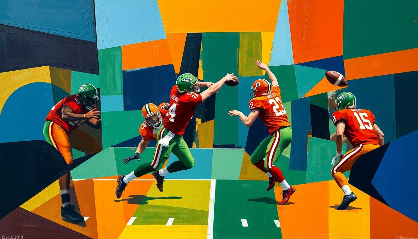 A fractured, cubist-style painting depicting a football player in motion, with sharp geometric shapes and planes of color representing the dynamic action of the game.