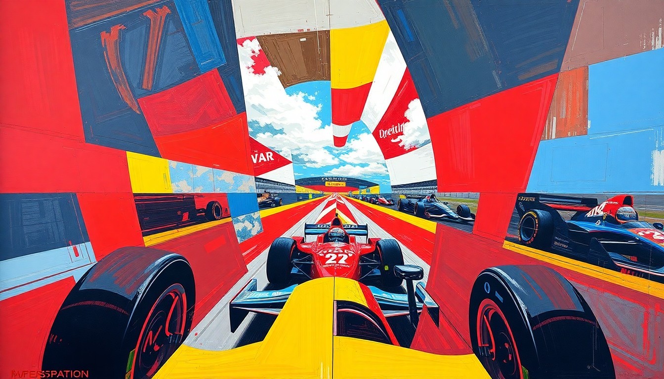 A fractured, geometric painting in vibrant colors depicting an IndyCar race, with overlapping planes and shapes representing the dynamic movement and competition of the event.