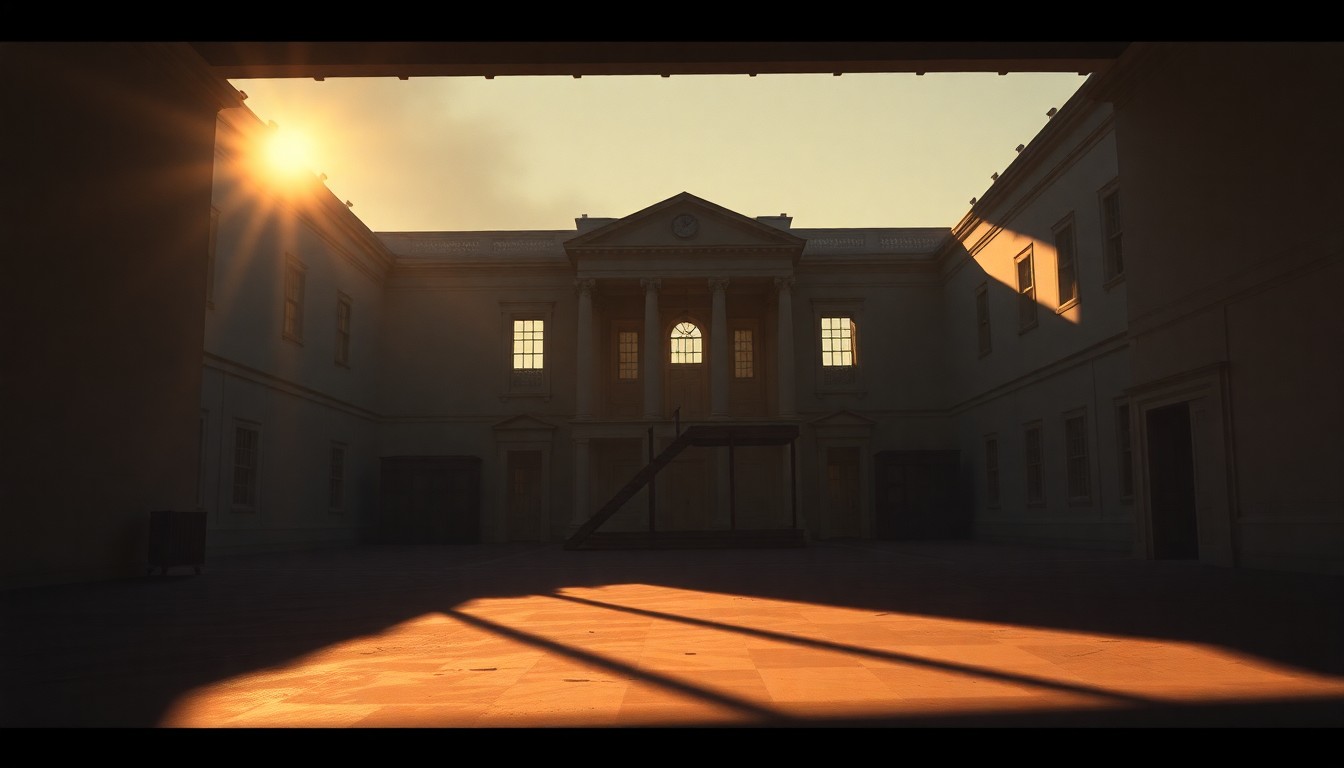 A serene, cinematic painting depicting the partially constructed White House ballroom visible through the demolished East Wing, with warm sunlight and deep shadows creating a nostalgic, contemplative mood.