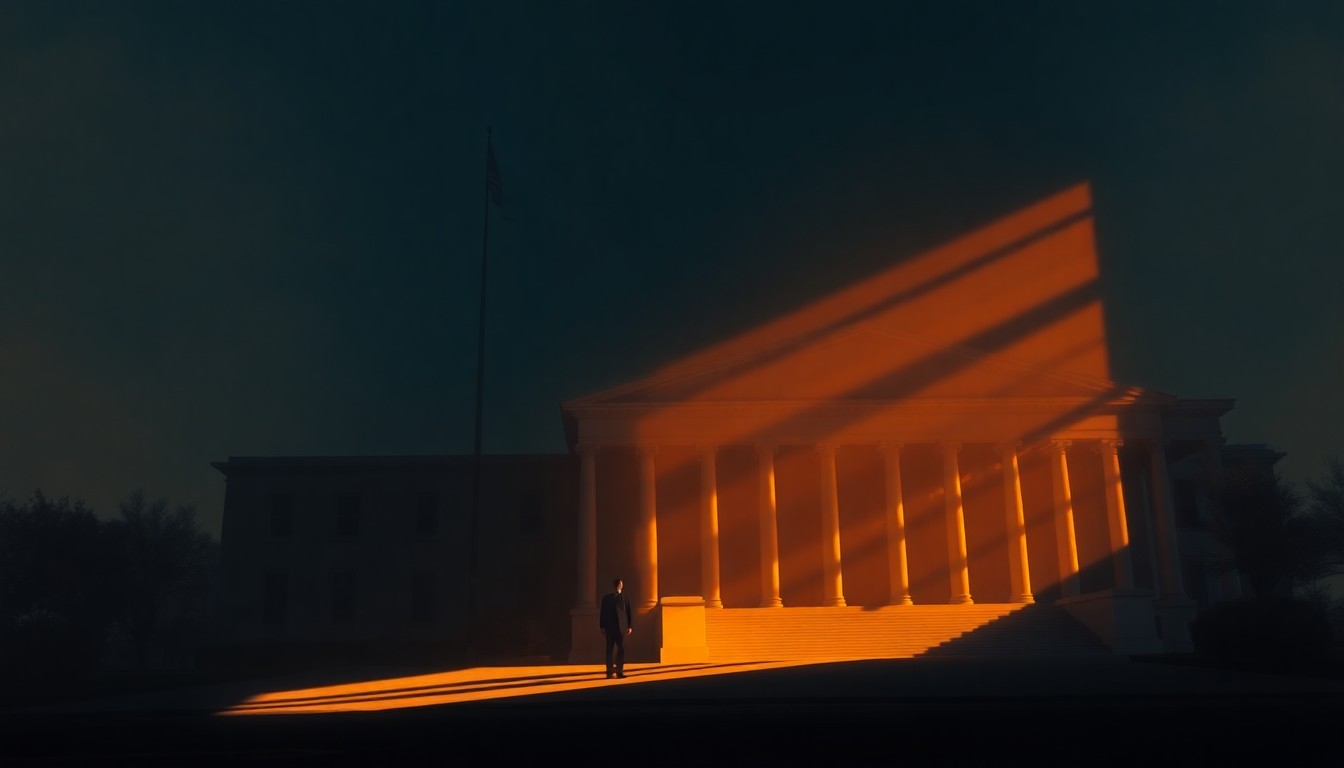 A dimly lit, cinematic painting of a solitary government building or political figure, with warm sunlight casting long shadows across the scene, conveying a sense of quiet contemplation and the weight of political decisions.