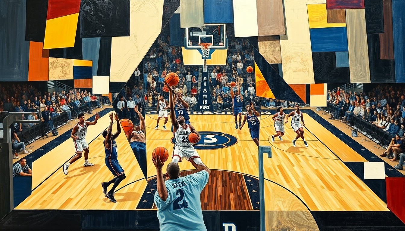 A cubist, geometric painting depicting the final seconds of the UConn vs. Duke basketball game, with fragmented images of players, basketballs, and court lines overlapping to capture the intensity and drama of the game-winning shot.