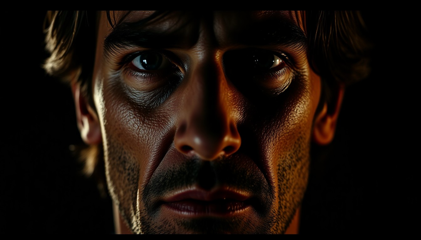 An extreme close-up photograph of an actor's face, capturing the intense, gritty texture of their skin under dramatic studio lighting. The image conveys a sense of quiet power and emotional depth.