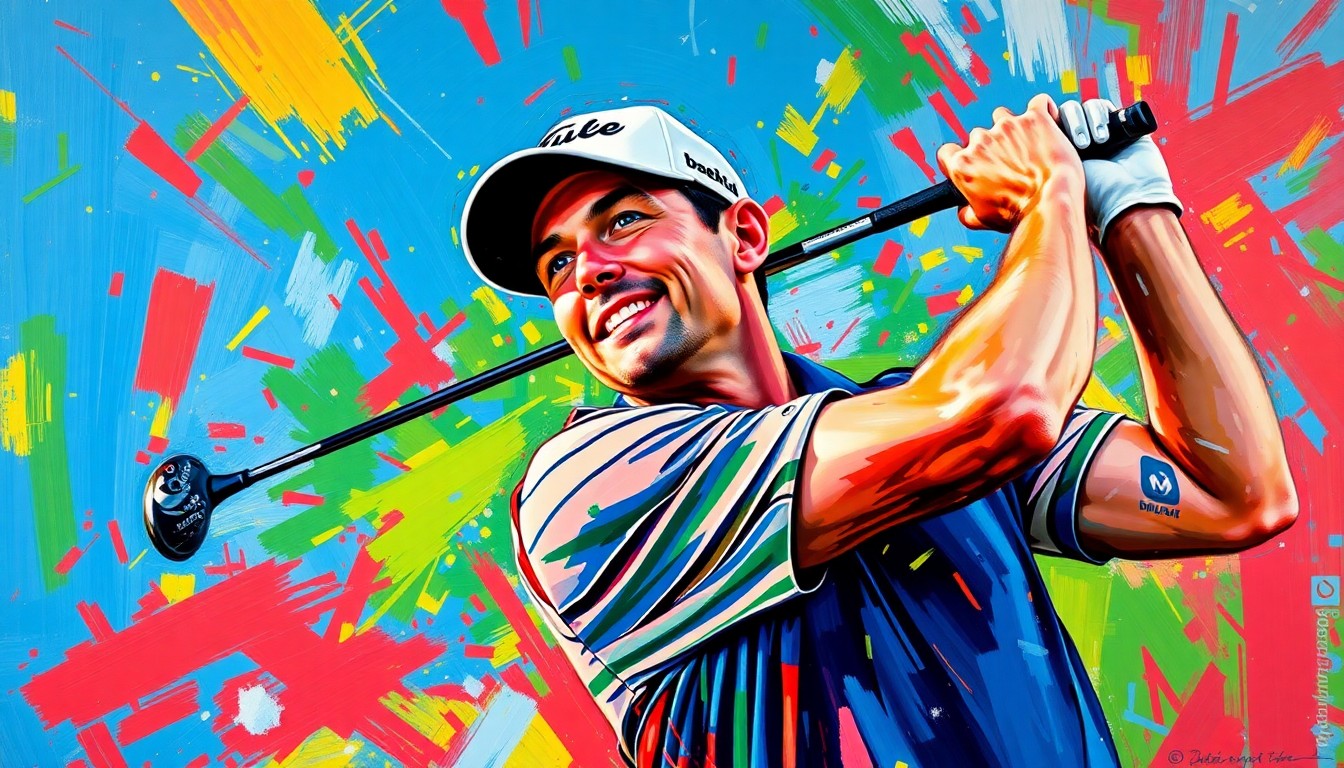 An abstract, energetic painting featuring bold, sweeping brushstrokes in neon greens, oranges, and blues, capturing the raw emotion and triumph of a professional golfer's return to the sport after a major medical procedure.