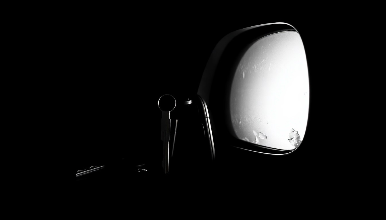 An extreme close-up photograph of a set of car keys and a broken car side mirror against a pitch-black background, conceptually illustrating the property damage and law enforcement challenges from the escalating teen truck meet-up incident.