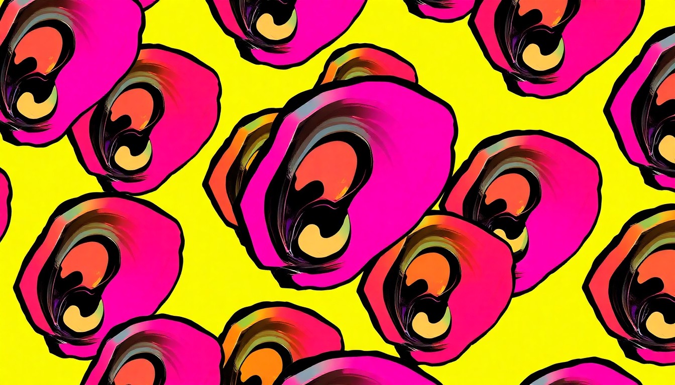 A highly stylized, abstract illustration of an oyster shell repeated in a grid pattern, rendered in a bold, neon color palette with heavy black outlines, conceptually representing the controversy surrounding the Norwalk Oyster Festival.