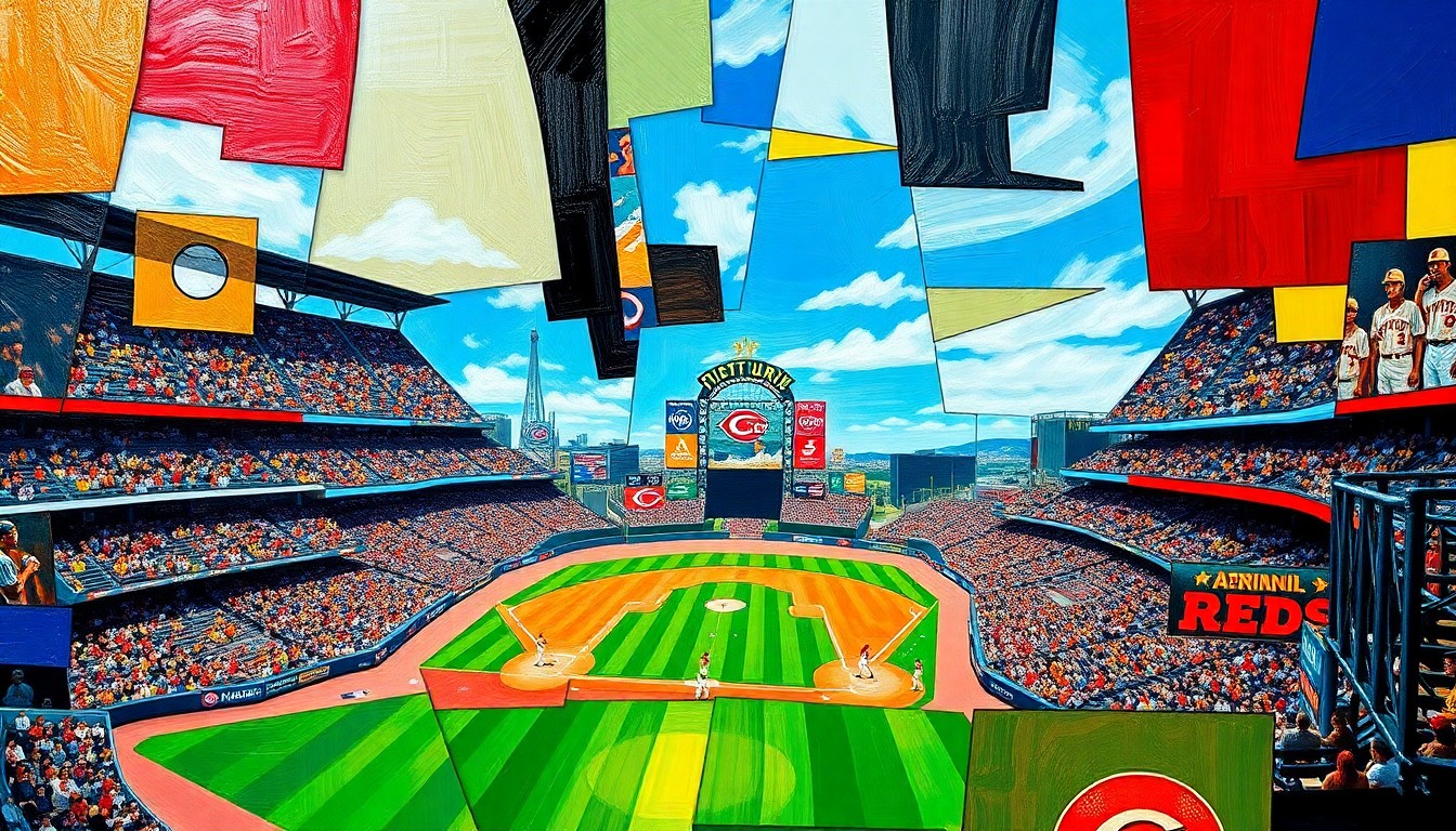 A fractured, geometric painting depicting a baseball game between two teams, the colors and shapes representing the dynamic action on the field.