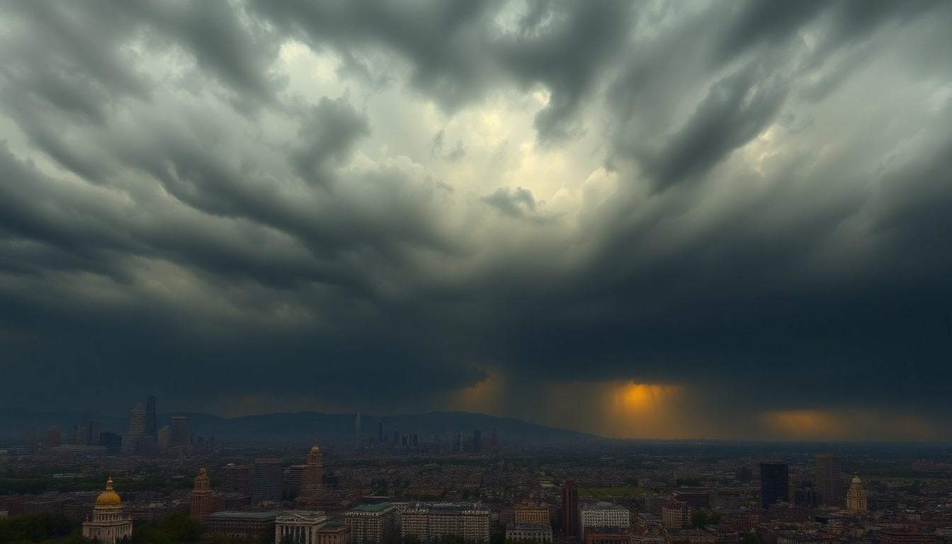 A sweeping, atmospheric landscape painting depicting a heavily overcast sky with dramatic lighting casting a moody glow over the cityscape of Philadelphia in the distance, conveying the overwhelming power of nature.