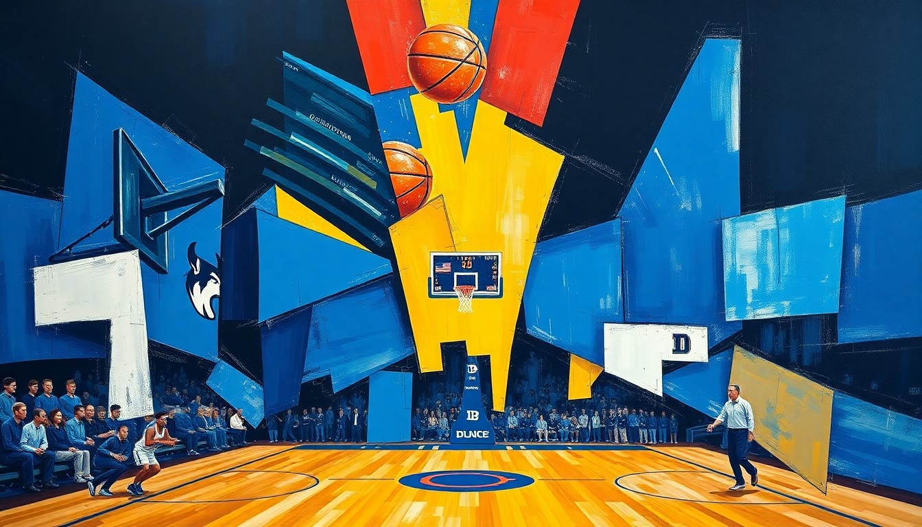 A cubist, geometric painting depicting a basketball game, with overlapping planes of blue and green hues representing the contrasting teams. The fragmented, abstract style captures the chaotic energy of the hard-fought contest.