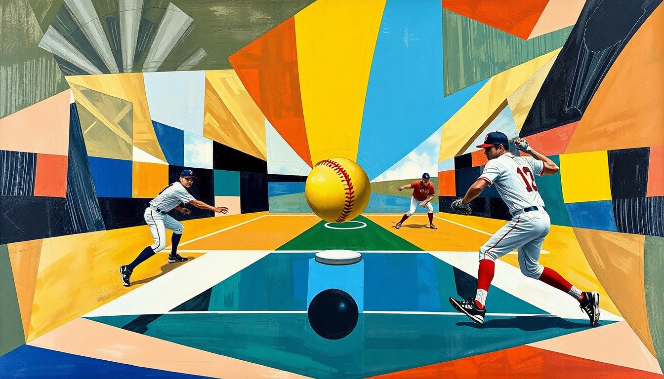 A fractured, geometric painting depicting the dynamic movements and energy of a softball game, with players and the ball broken down into abstract shapes and planes of vibrant color.