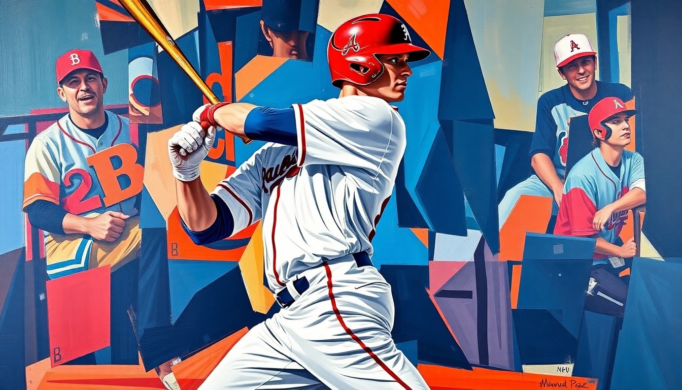 A fractured, multi-perspective painting depicting a baseball player's batting motion broken down into sharp, overlapping geometric planes in the team colors of the Atlanta Braves, conceptually representing the underlying power and talent of the player despite early-season statistical struggles.