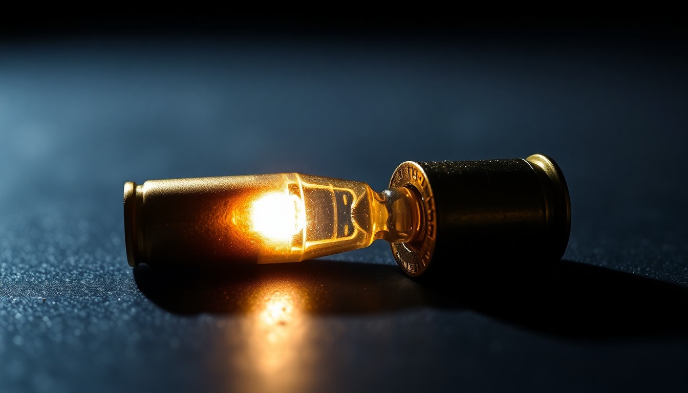 An extreme close-up photograph of a spent bullet casing on a dark surface, lit by a harsh, direct camera flash, conceptually representing the physical evidence of a recent shooting incident.