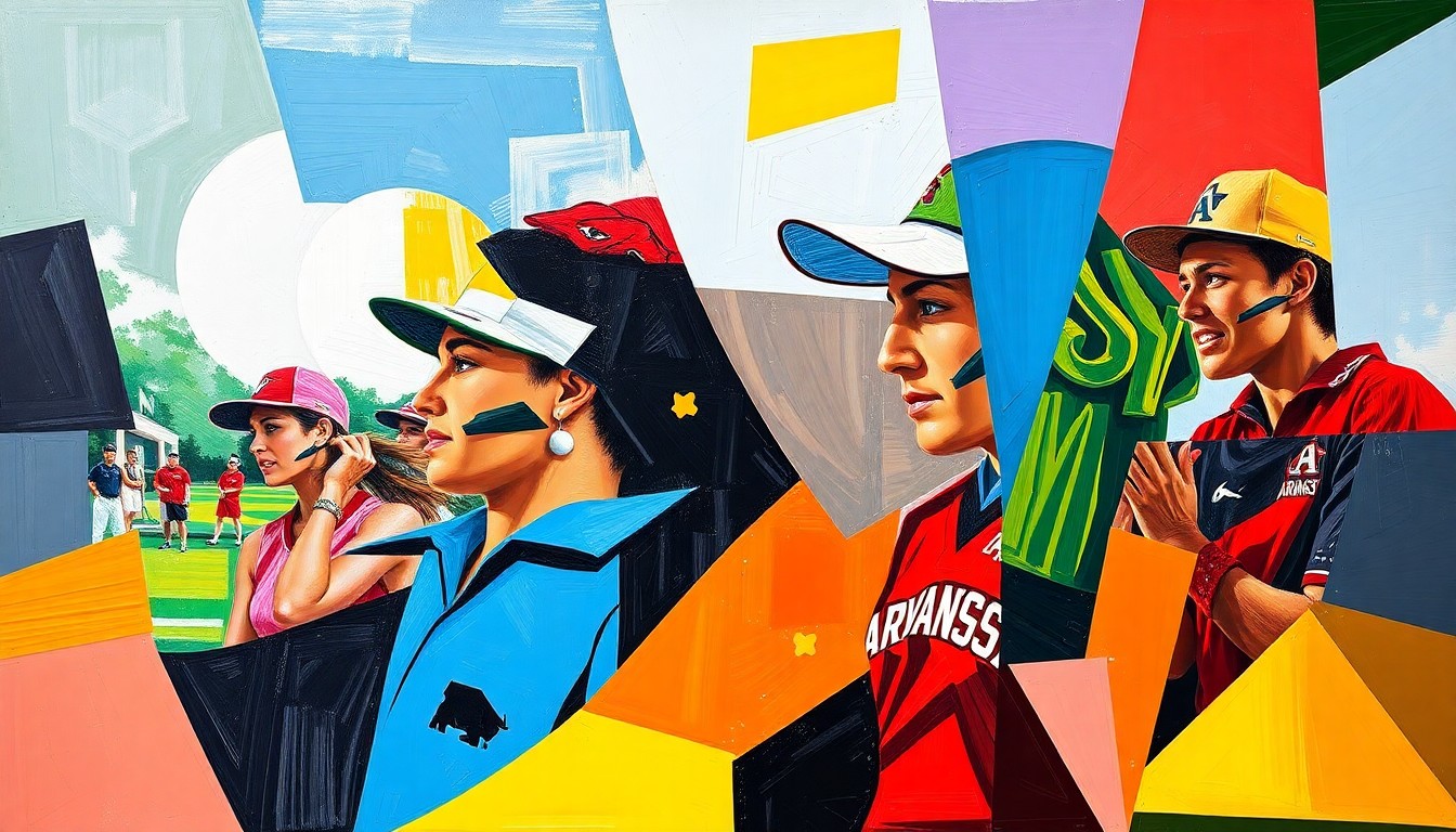 A fractured, geometric painting in vibrant colors representing a women's collegiate golf tournament, with sharp, overlapping planes conveying the dynamic energy and competitive spirit of the event.