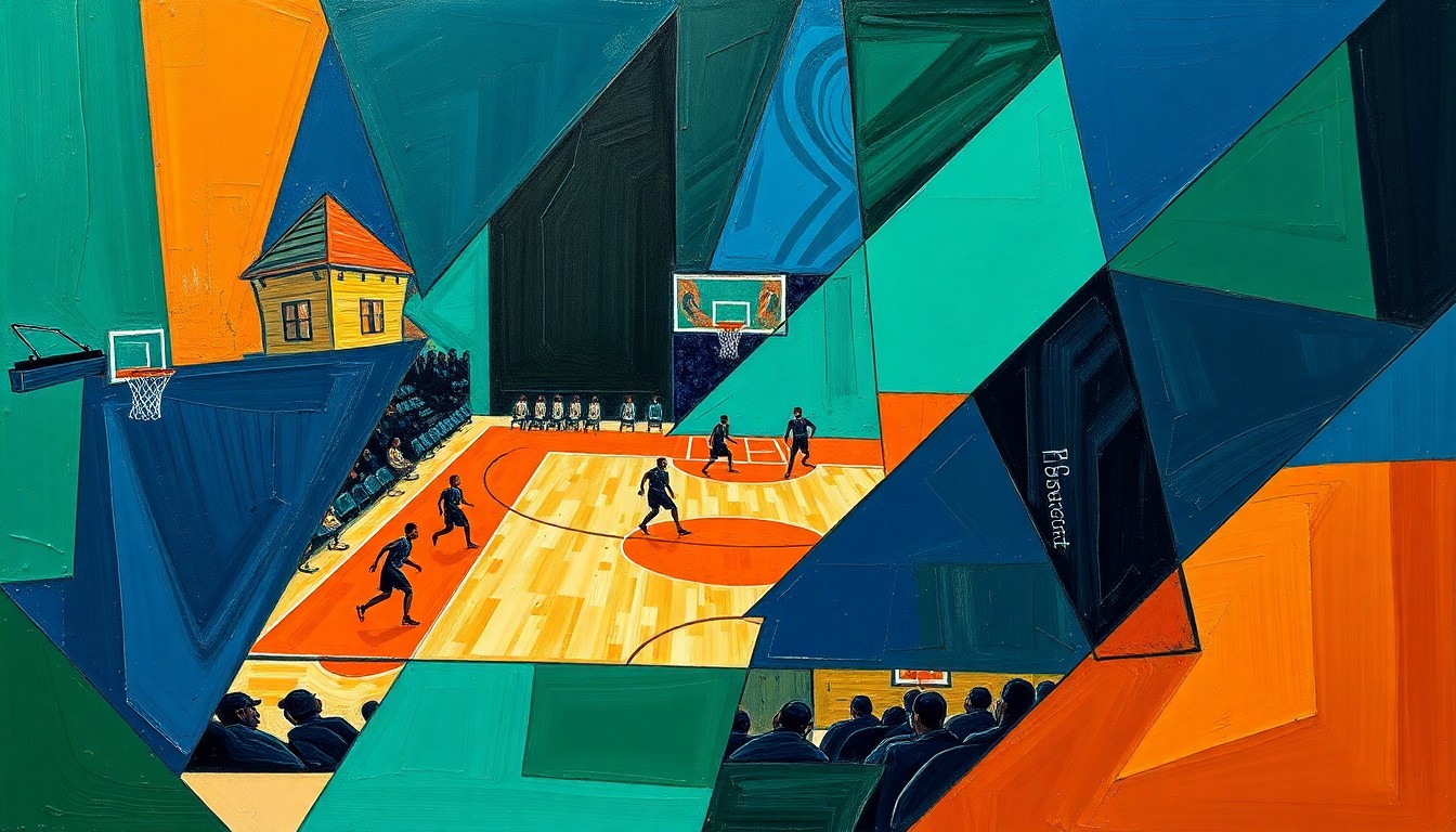 A fragmented, geometric painting depicting the chaotic energy of a basketball game, with sharp planes of color and overlapping shapes representing the competing forces at play.