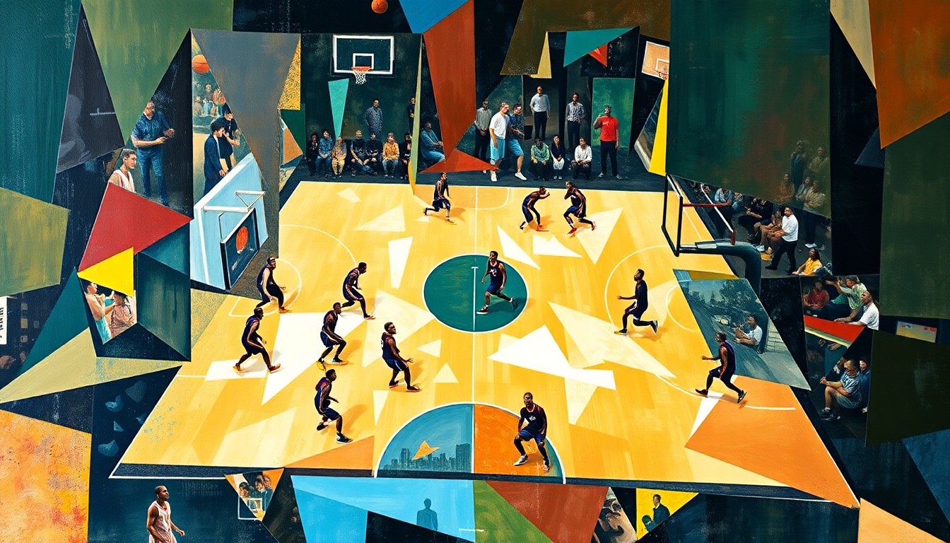 A cubist-style painting depicting a basketball game broken down into geometric shapes and planes of color, capturing the energy and movement of the sport.