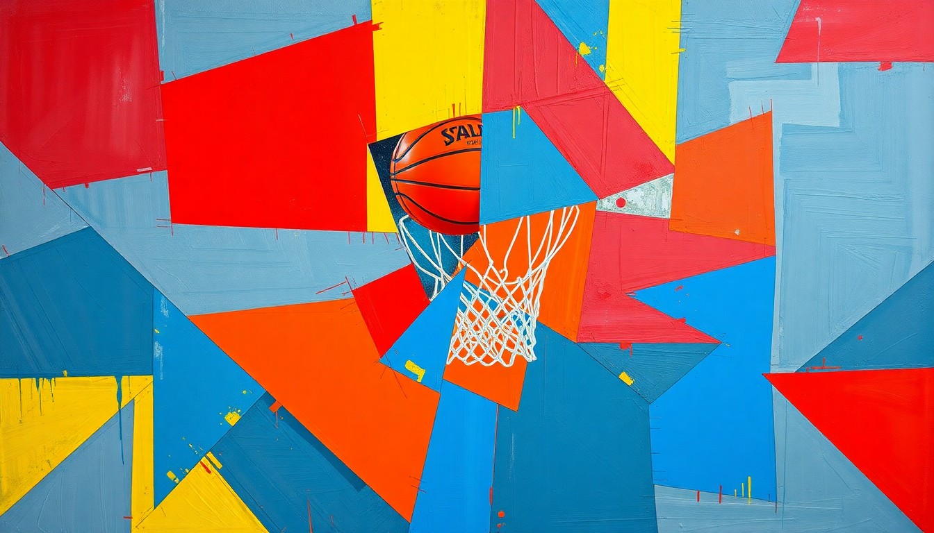 A fragmented, geometric painting in bold primary colors depicting the motion and energy of a basketball free throw shot.