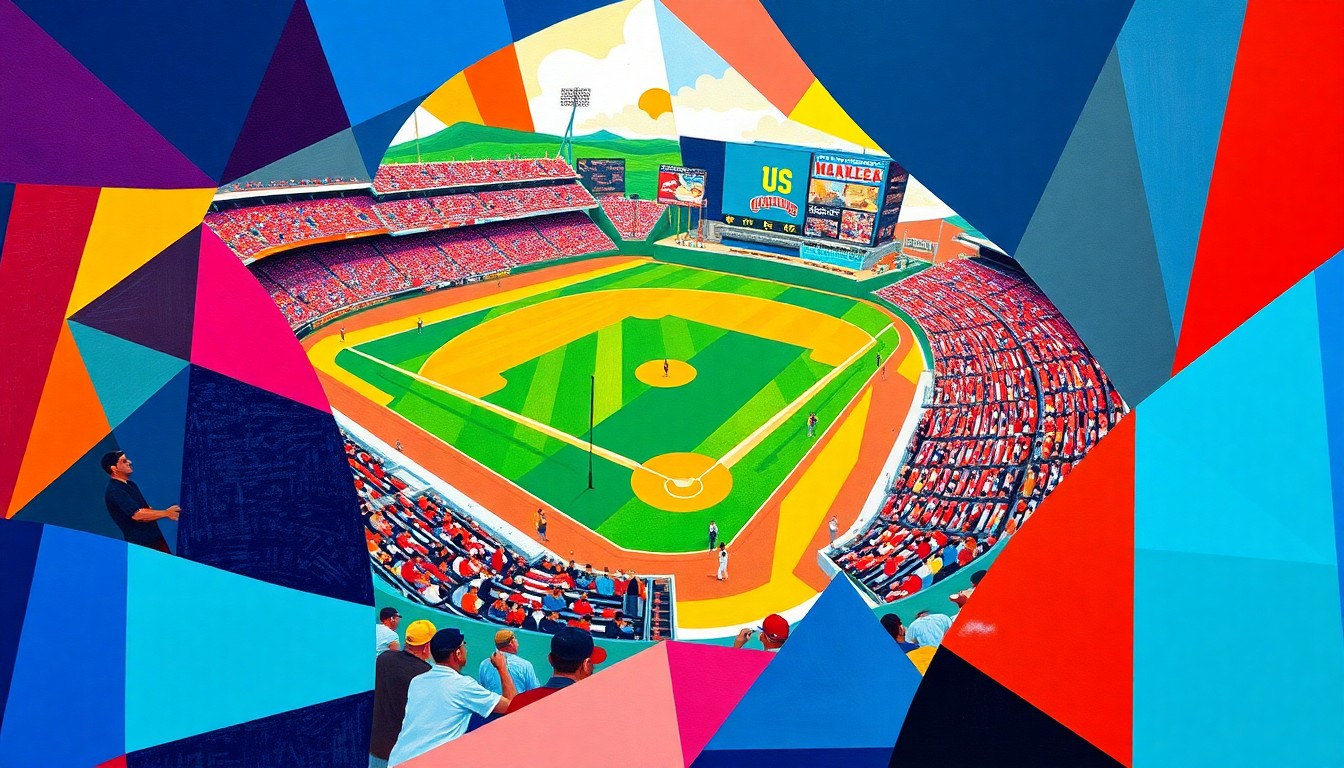 A cubist-inspired painting featuring sharp, overlapping geometric planes in the team colors of the competing colleges, dynamically representing the action and competition of a college baseball game.
