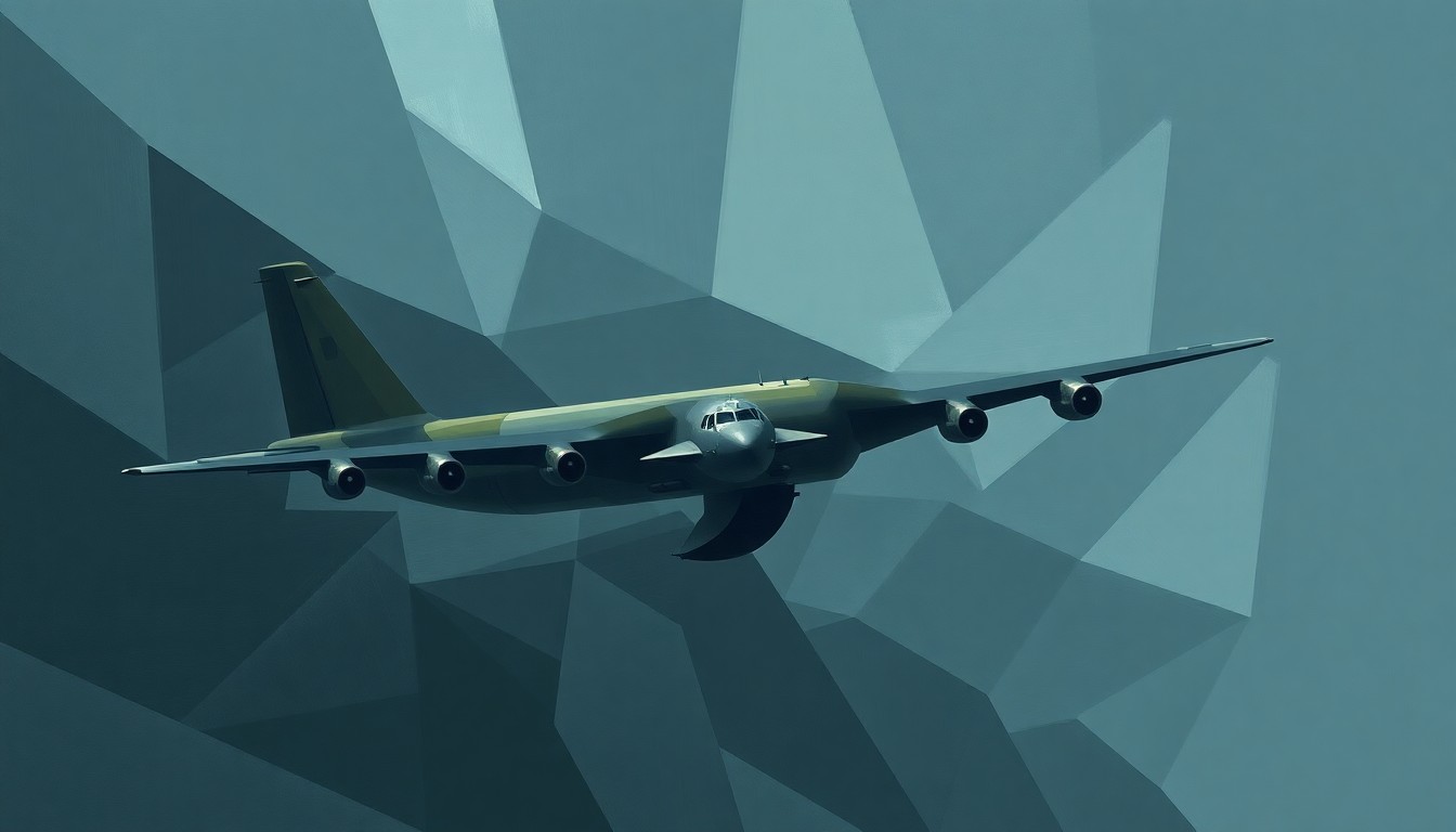 A fractured, abstract painting of a military transport plane in flight, with overlapping geometric shapes and waves of dark grey, olive drab, and steel blue colors, conveying a sense of motion and tension.