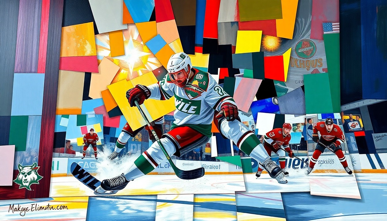 A fragmented, geometric painting depicting the motion and intensity of a hockey player scoring a goal, with sharp planes of color representing the players' uniforms and the hockey rink.