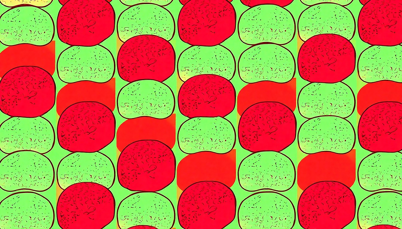 A highly stylized, abstract illustration composed of repeating neon-colored silkscreen images of a Japanese rice ball, conceptually representing the arrival of authentic Japanese cuisine in the Phoenix area.