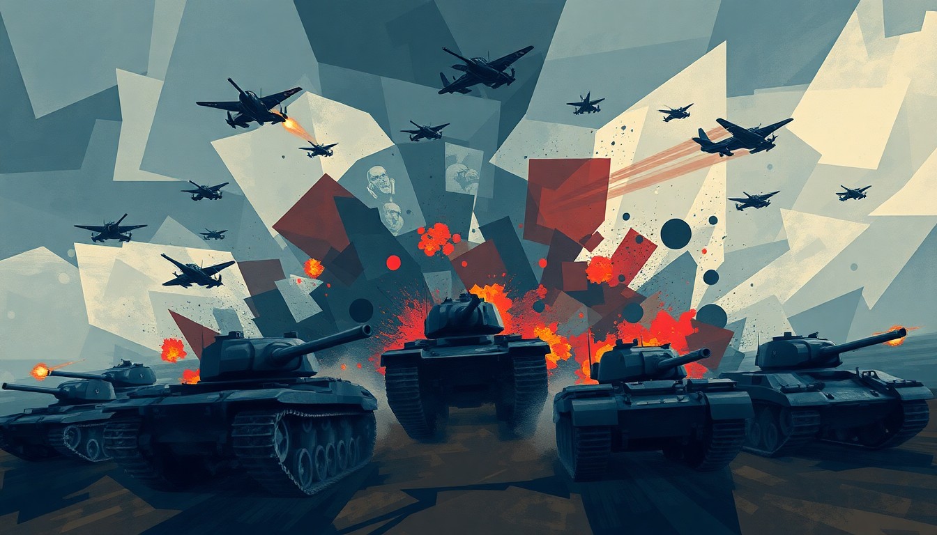A dynamic, fragmented painting of military vehicles and aircraft in motion, rendered in a palette of blues, grays, and reds to convey the chaotic energy of an impending ground offensive.