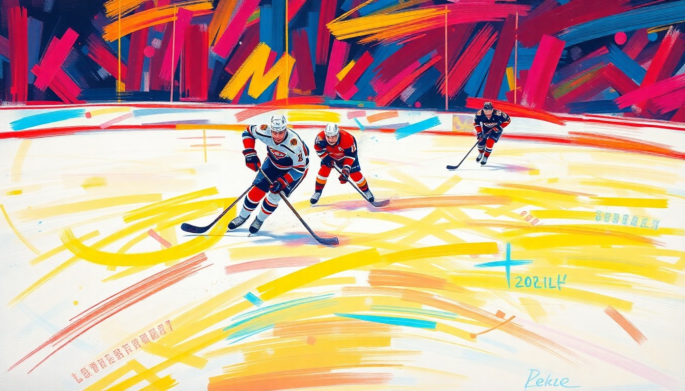 An abstract, expressionist painting in vivid neon colors, with rapid brushstrokes conveying the raw power and motion of hockey players on the ice.