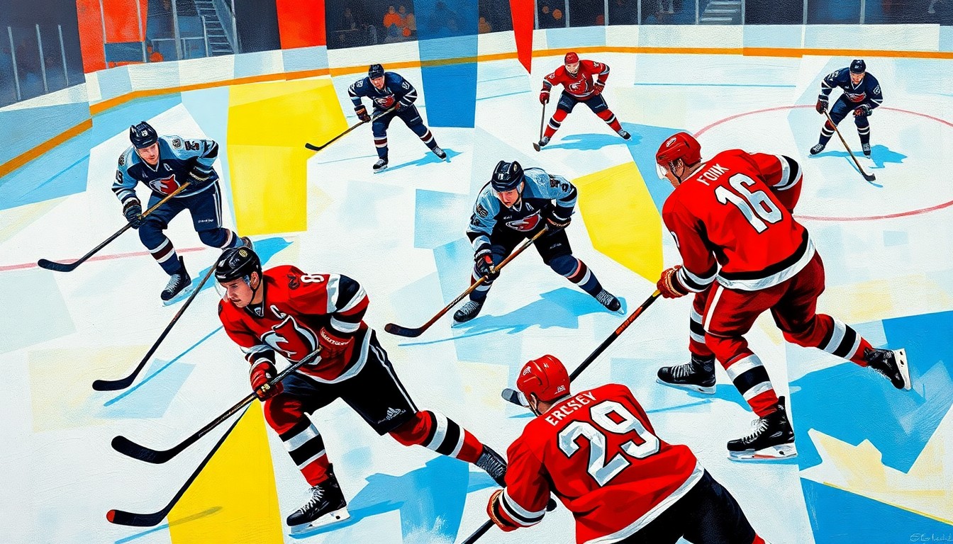 A fractured, geometric painting depicting the motion and energy of a hockey game, with players' bodies and equipment broken down into sharp, overlapping planes of color.