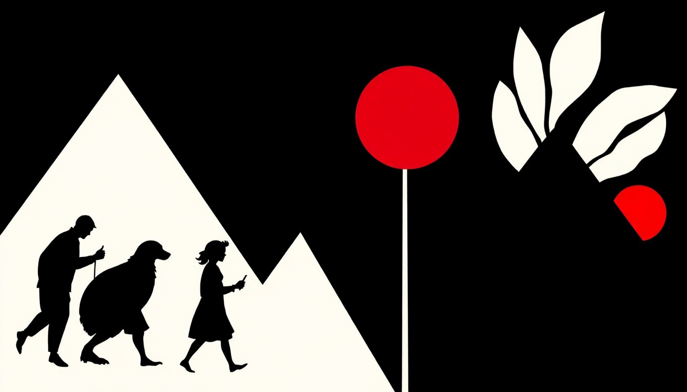 An abstract composition of bold, jagged black silhouettes against a bright red background, conceptually representing the diverse fine arts and crafts showcased at the Durango Autumn Arts Festival.