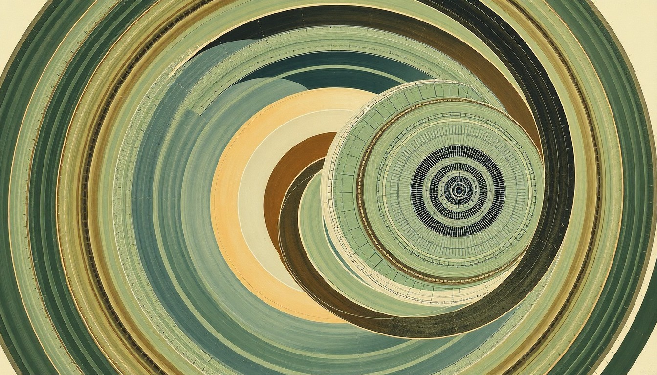 A highly structured abstract painting in earthy tones of green, brown, and blue, depicting a complex network of geometric shapes and spiraling forms that conceptually represent the scale and infrastructure of the Black Hollow solar project.