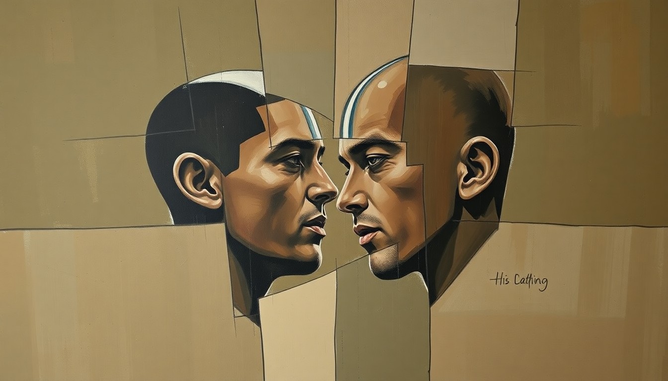 A cubist, multi-perspective painting in muted earth tones, depicting the Hinish brothers' football careers and the family's loss through sharp, overlapping geometric planes.