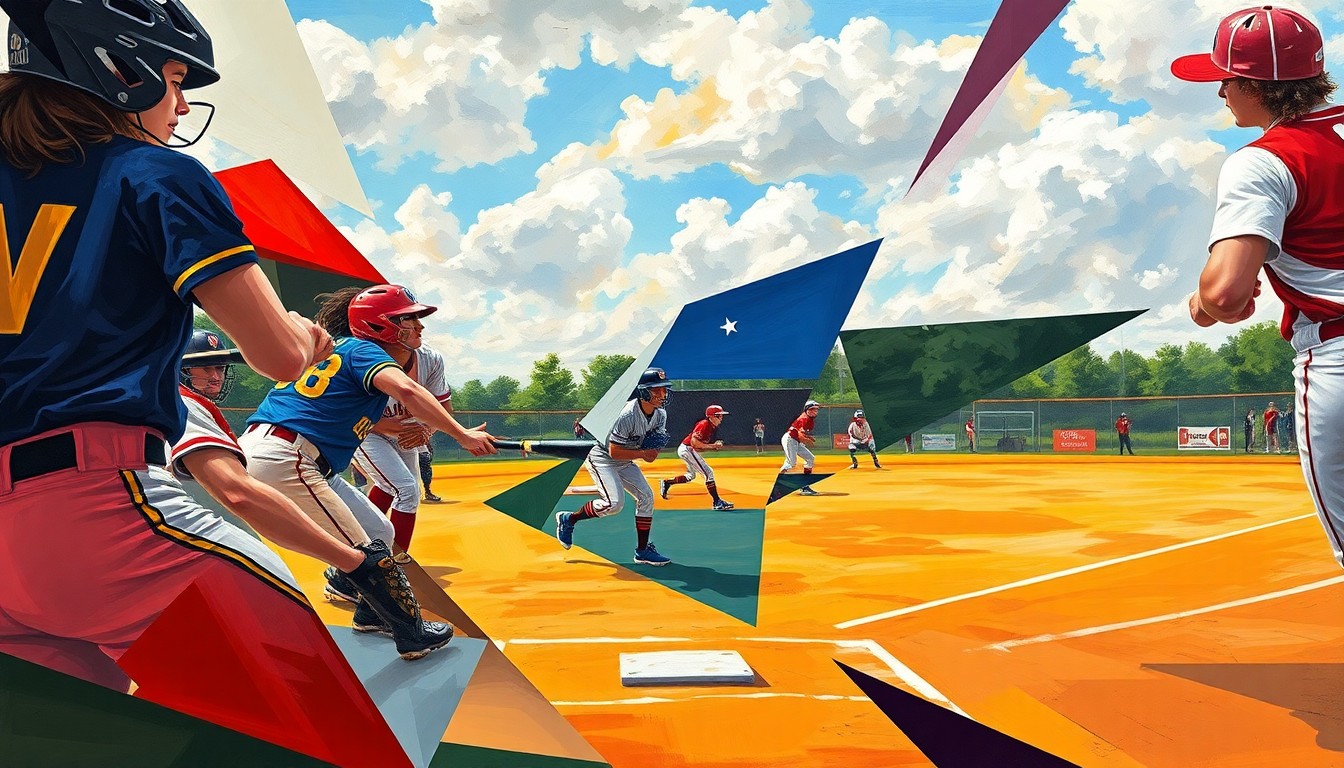 A fractured, multi-perspective painting featuring sharp, overlapping geometric planes in the colors of the Sycamore and Cheatham County Central high school softball teams, conceptually representing the dynamic action and competitive spirit of their district matchup.