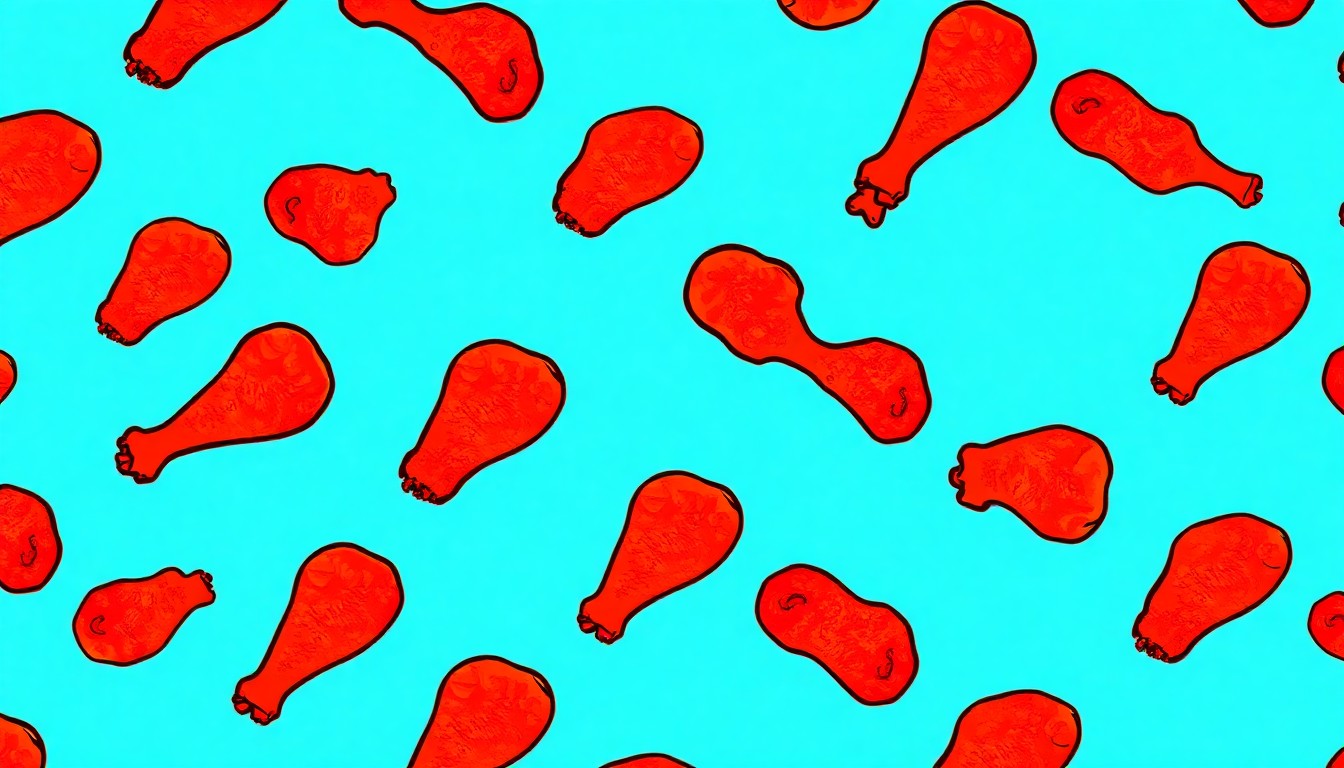 A highly stylized, abstract image composed of repeating neon-colored fried chicken drumsticks, rendered in a bold, graphic pop art style that captures the energy and excitement of a culinary competition.