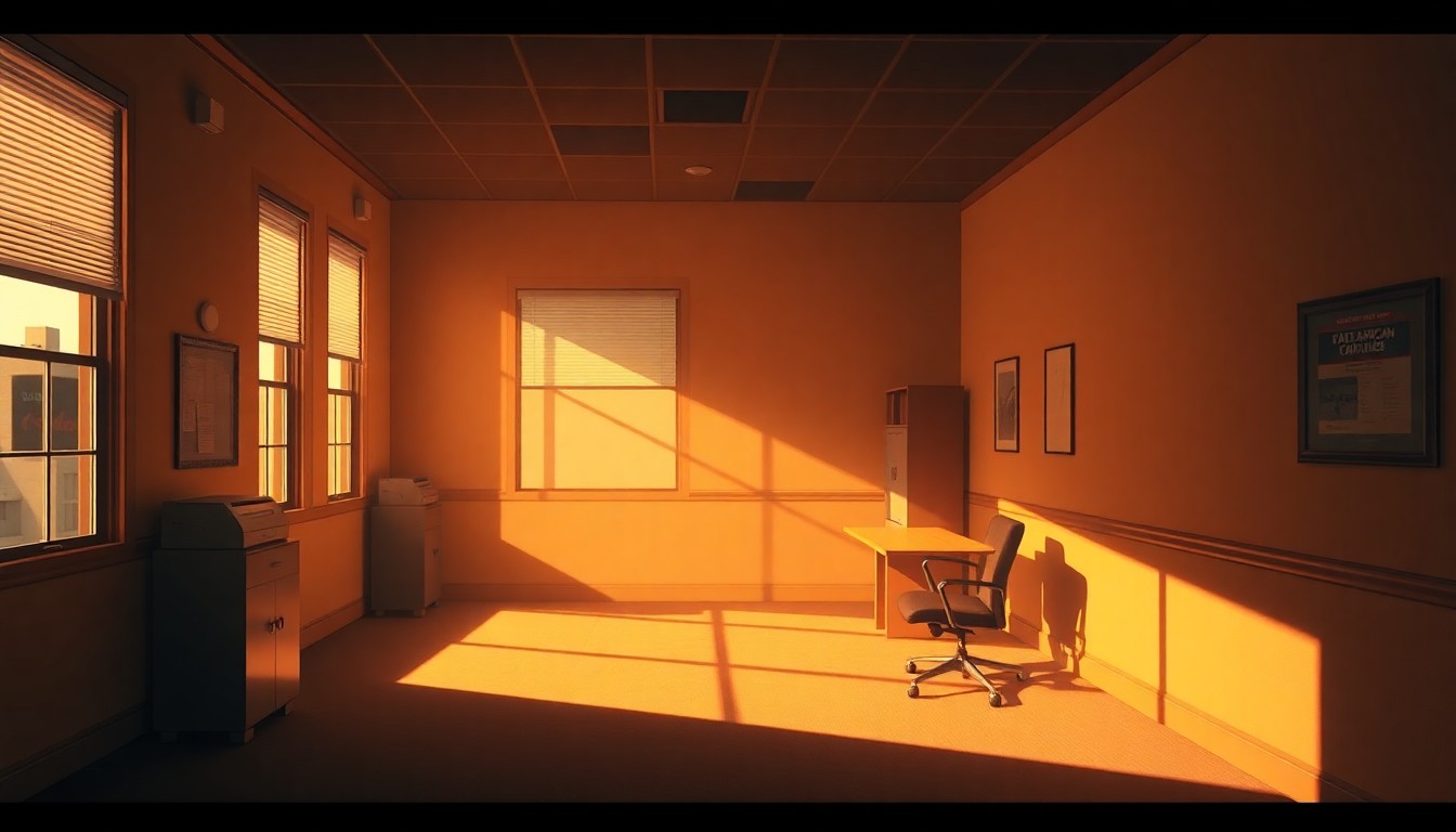 A warm, cinematic painting of an empty political campaign office space, with sunlight streaming through the windows and deep shadows across the room, conceptually representing the behind-the-scenes work of a political campaign.