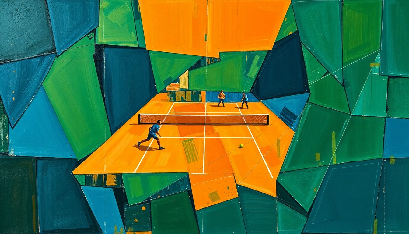 A fragmented, geometric painting depicting a men's tennis match, with overlapping planes of navy, green, and orange conveying the sport's intensity and movement.