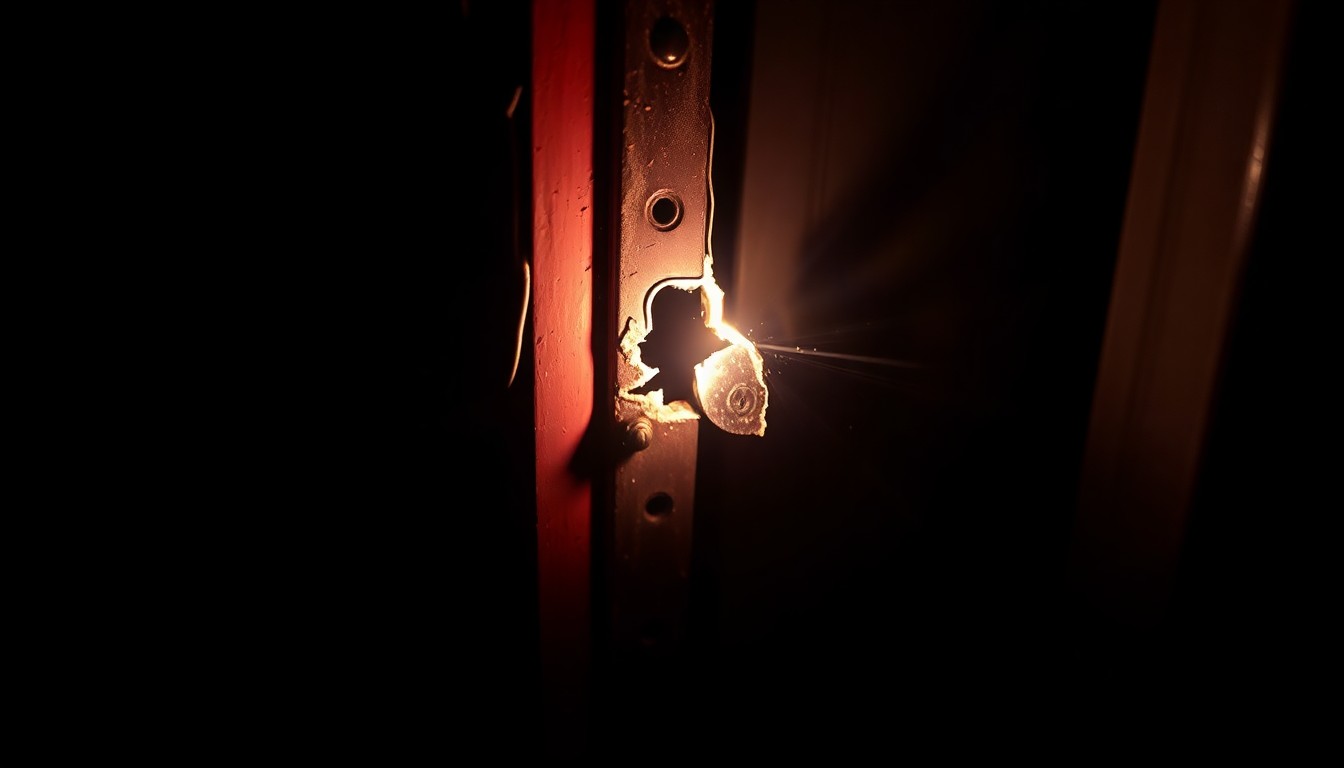 An extreme close-up photograph of a broken window lock, lit by a harsh, direct camera flash against a pitch-black background, creating a stark, gritty, investigative aesthetic.