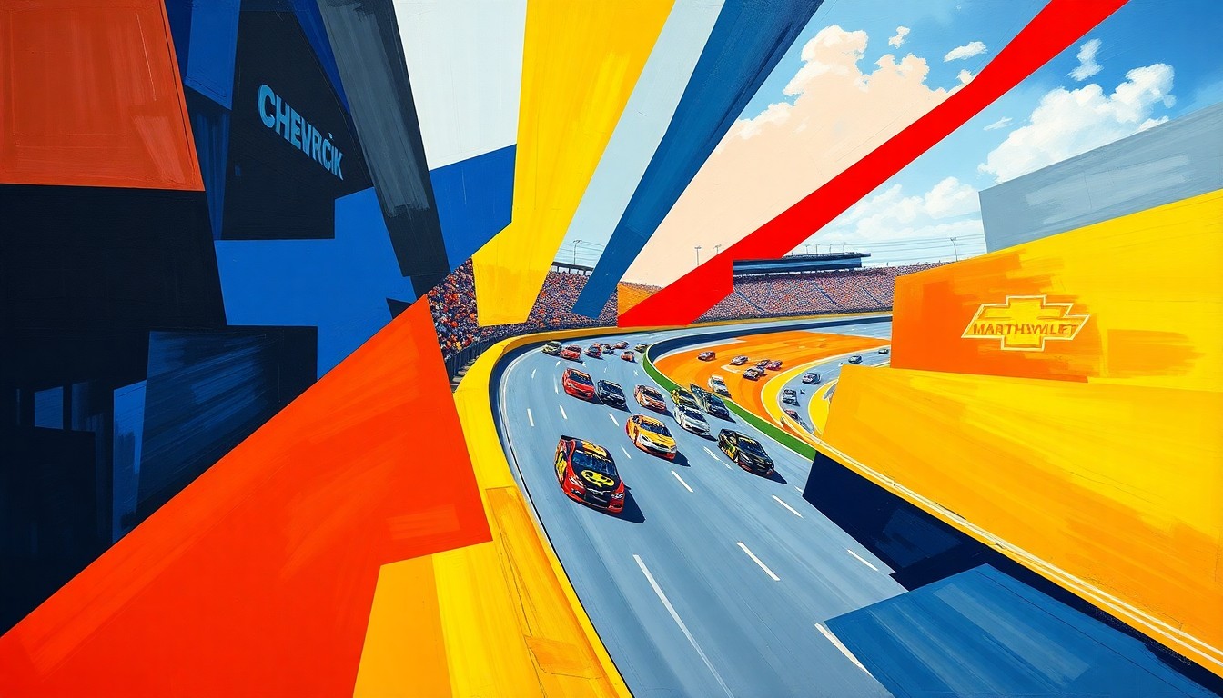 A fractured, multi-perspective painting featuring sharp, overlapping geometric planes of vibrant Hendrick Motorsports team colors, capturing the energy and movement of a NASCAR race at the historic Martinsville Speedway.