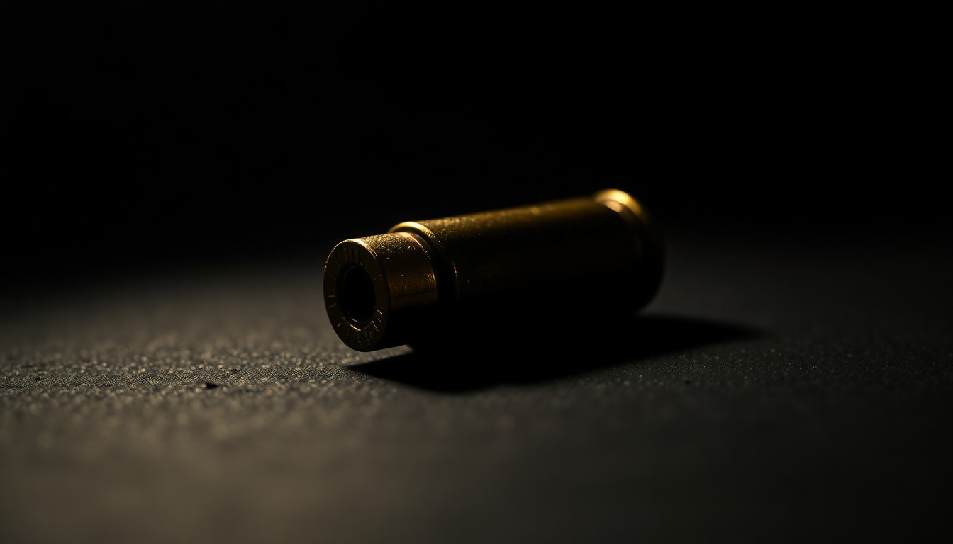 An extreme close-up photograph of a single spent bullet casing on a dark, textured surface, lit by a harsh, direct camera flash, conceptually representing the aftermath of a deadly shooting incident.